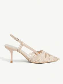 CUCCOO CHICEST 杏色刺繡網布透氣性感優雅派對宴會踝帶細高跟尖頭鏤空女鞋 - 杏色 - 查看 3