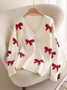CosyJoli Plus Size Women Loose Fit V-Neck Butterfly Pattern Long Sleeve Sweater In Fall/Winter - Apricot - View 6