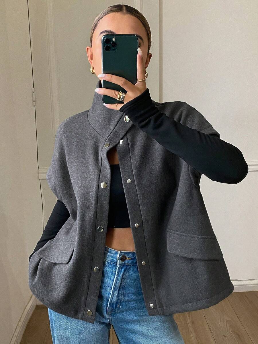 DAZY Women's Solid Color Loose High Neck Sleeveless Vest Jacket, Wool Blend Outerwear With Drawstring Hem, Casual Street Style Vacation Spring/Autumn Regular Jacket - Grey - View 1