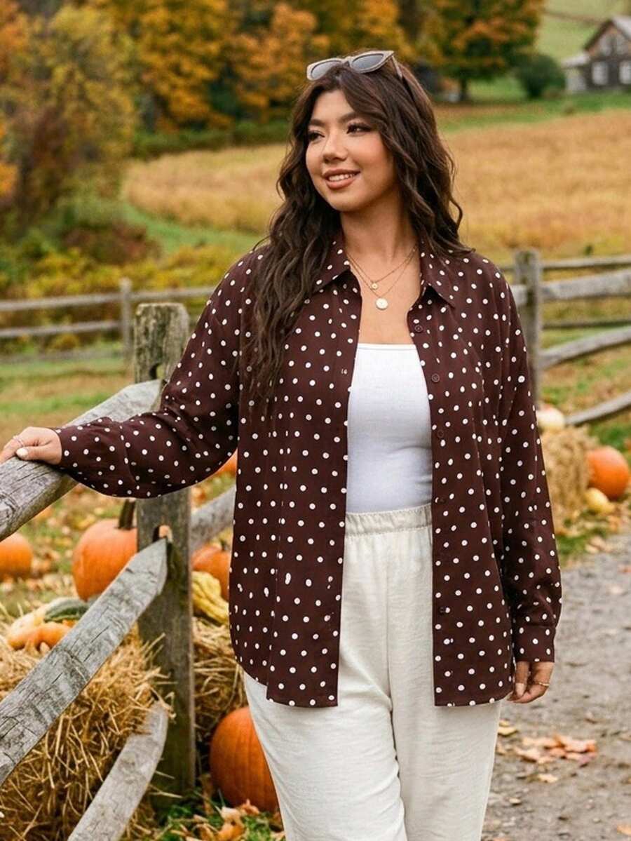 SHEIN Frenchy Plus Size Shirt, Plus Size Autumn Shirt, Plus Size Long Sleeve Polka Dot Shirt, Brown Polka Dot Shirt, Brown Top, Loose Casual Shirt, Plus Size Autumn/Winter Clothing