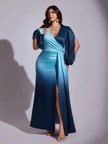 Viva Relle Plus Size Women's Blue-Black Gradient Satin Long Evening Gown, V-Neck, Slit, Cape Sleeve, Ruched Waist, Bodycon, Floor Length, Formal Party Wedding Guest Dress - Multicolor - View 5
