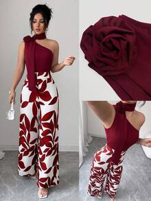 Elenzga Women's Spring/Summer Exquisite Elegant Casual Red Patchwork Leaf Print Asymmetric Shoulder Neckline Scarf Design Rose Decoration Sleeveless Fitted Slim Jumpsuit - Burgundy - View 1