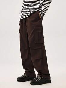 Men Flap Pocket Side Drawstring Waist Oversize Cargo Pants, Fall Wide Leg - Coffee Brown - View 6