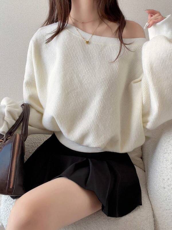FRIFUL Women's Solid Color Asymmetrical Shoulder Casual Versatile Daily Long Sleeve Sweatshirt