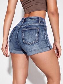 Jeanoix Women's Casual Versatile Denim Shorts With Pockets - Dark Wash - View 2