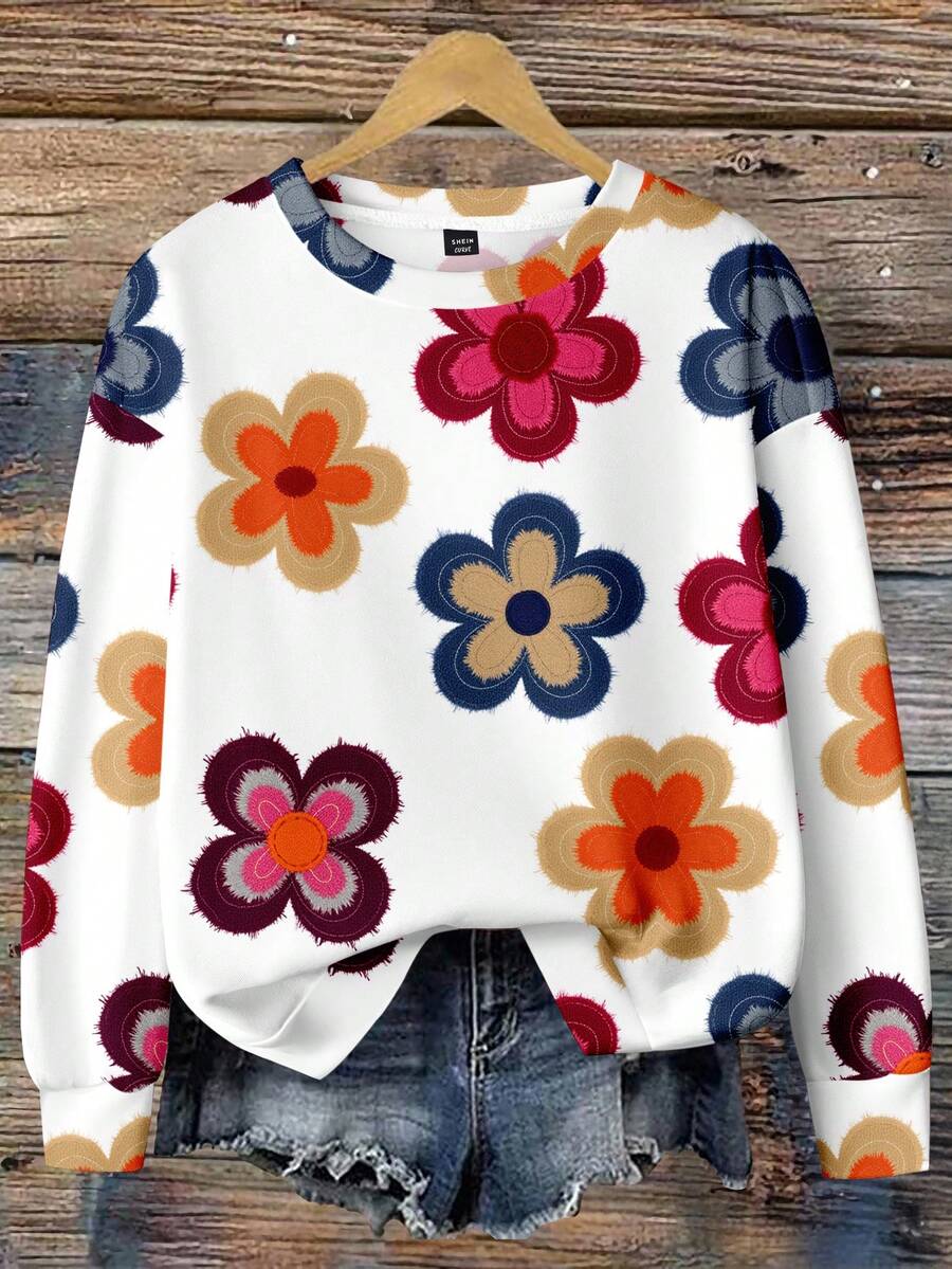 SHEIN LUNE 休閒極簡花卉印花圓領寬鬆女款衛衣 秋冬款 - 彩色 - 查看 1