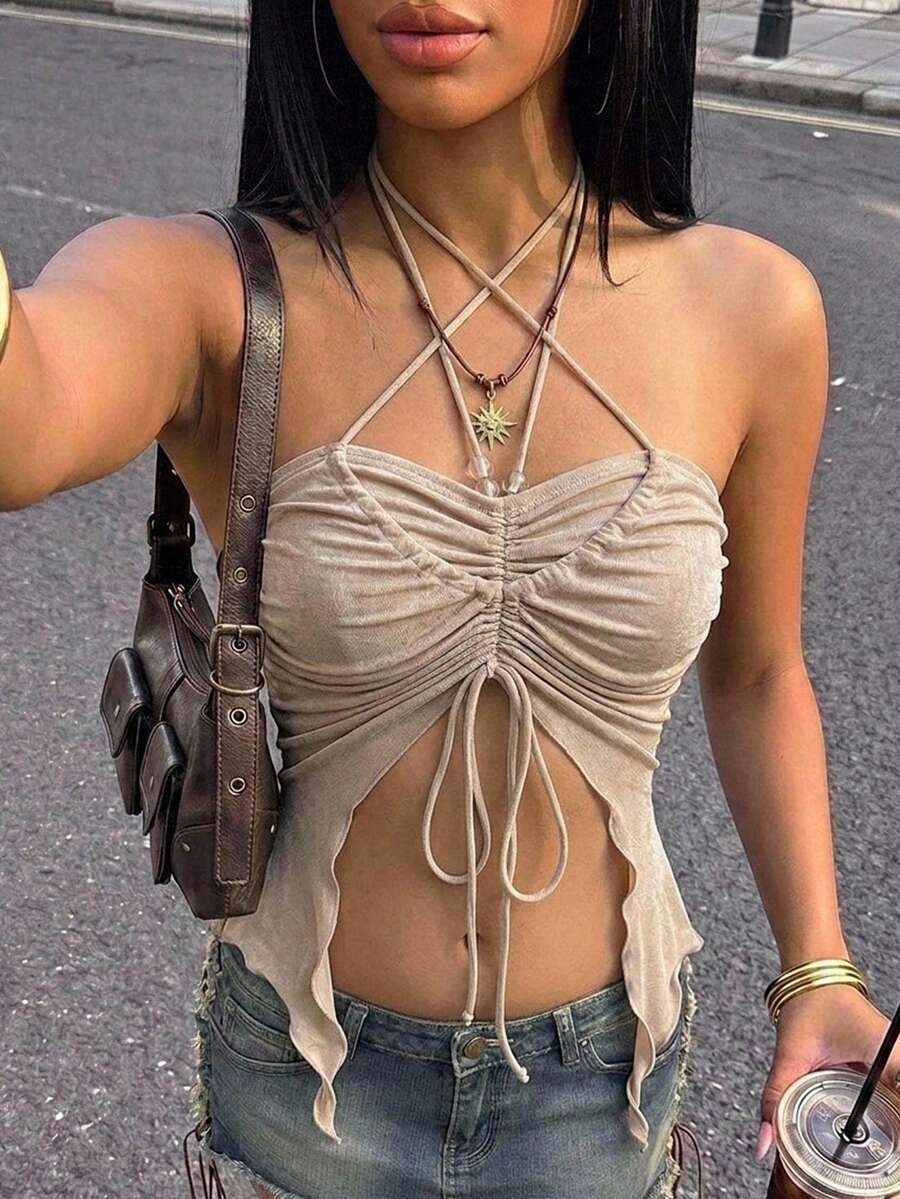 SHEIN ICON Drawstring Front Asymmetrical Hem Halter Top - Apricot - View 1