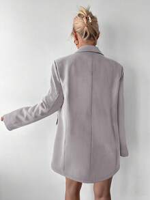 Ritzy Row Women's Casual Oversized Padded Shoulder Mid-Length Double-Breasted Blazer - Grey - View 2