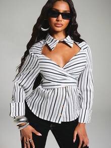 NYA SZN Top Long Sleeve Blouse Button Up Collared Stripe Pattern Sexy Everyday Going Out Special Occasion Elegant Holiday Festival Church Work Fall Winter - White - View 4