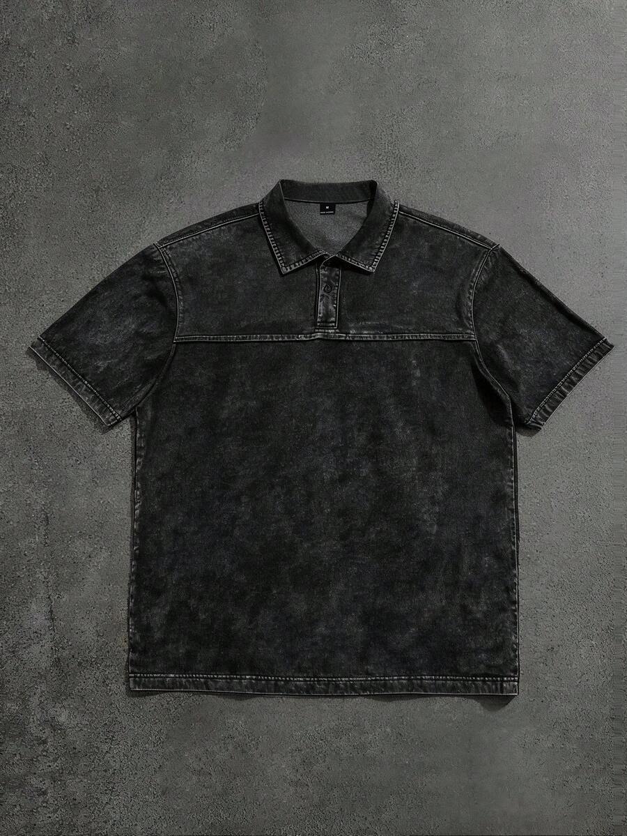 Manfinity Roughcore Men's Washed Distressed Polo Shirt, Street Casual, Summer - Black - View 1