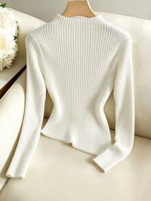 GlowEve Sweater Dalaman Kasual Bergaris Lengan Panjang Warna Polos untuk Wanita - Krem - View 2