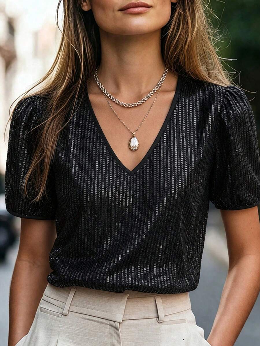 SHEIN V Neck Sequin Blouse For Holiday Party Clothes Party Top For Women - Black - View 1