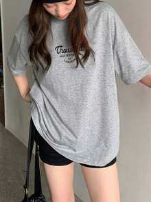 DAZY Women's Letter Print Loose Fit Round Neck Short Sleeve T-Shirt Graphic Tee Summer - Grey - View 3