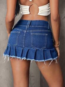 Glamine SHEIN Glamour Women's Denim Ultra Low Waist Vintage Mini Skirt - Blue - View 1