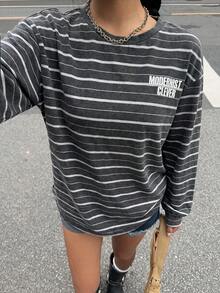 Muchica Sweatshirt Fleece Kasual Wanita Motif Garis-Garis dan Huruf Motif Kepingan Salju untuk Sehari-hari - Hitam - View 4
