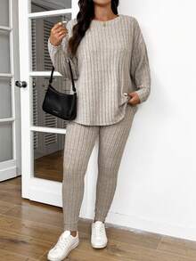 Lounesse 女士秋季服装返校运动套装简约简约紧身纹理打底裤和长袖上衣套装女士加大两件套 - 杏色 - 查看 6