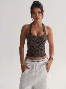Slayform Slayform Sujetador deportivo de yoga sin costuras con estampado de leopardo para mujer, top atlético de fitness sin aros, top de entrenamiento con diseño cruzado, sujetador para correr y gimnasio, marrón, verano - Café integral - Ver 7