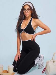 SHEIN Sovereign Charm 女士纯色拼接无袖简约上衣和长裤瑜伽撞色运动套装健身女套装女紧身裤套装健身房女装 - 黑色 - 查看 2