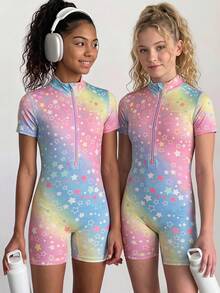 SHEIN 少女可愛星星印花短袖前開襟拉鍊運動連身褲，返校季秋冬新品 - 彩色 - 查看 1