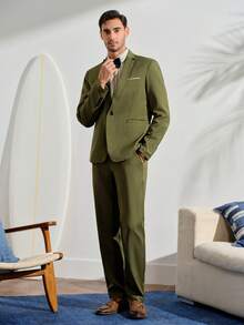 VeloEdit Men's Business Formal Lapel Collar Suit Blazer And Pants Set For Ceremony Formal Wedding Fall Winter Commute‌ Old Money - Dark Green - View 3