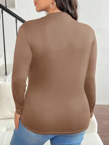 SHEIN Frenchy Plus Size Mock Neck Ruched Slim Fit Tee/Fall/Winter - Khaki - View 5