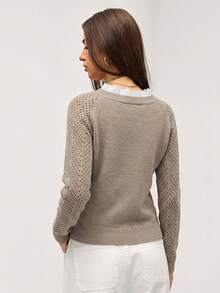 SHEIN Orluneo 全新花卉装饰圆领宽松休闲女式毛衣 - 卡其色 - 查看 3