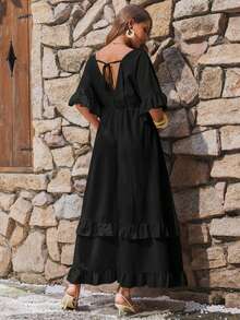 Boho Mama Maternity Vacation Casual Maternity Normal Solid Color Ruffle Hem Dress Photoshoot Summer - Black - View 3
