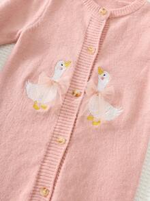 Cozy Pixies Baby Girl Cartoon Animal Sweet Cute Duck Pattern 3D Mesh Bowknot Design Round Neck Long Sleeve Knit Jumpsuit Versatile Comfortable - Pink - View 4