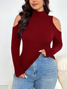 SHEIN Essnce 大尺碼女款秋冬時尚休閒高彈力舒適日常基礎百搭修身露肩紅色高領修身上衣，秋季穿搭，打底上衣，上班上衣，冬季衣物，外出上衣 - 酒紅色 - 查看 1