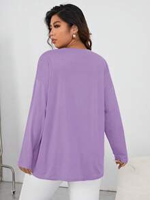 SHEIN Essnce 大码圆领长袖字母印花基本款上衣，休闲日常穿着 - 紫色 - 查看 2