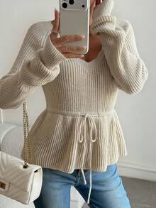 DAZY Sweater Pullover Elegan Wanita Lengan Panjang Leher V dengan Pinggang Terikat untuk Musim Gugur - Aprikot - View 5