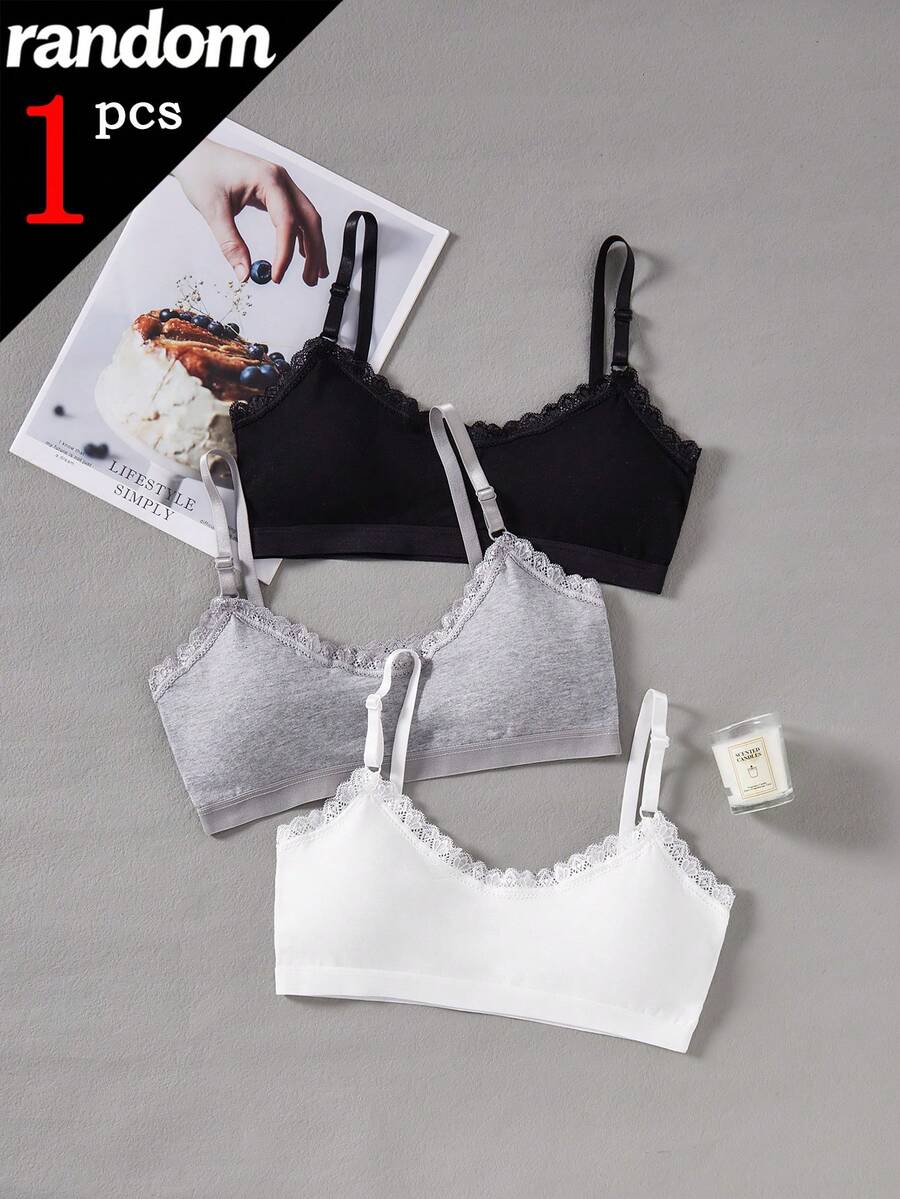 [1pc Random]Tween Girl Lace Patchwork Comfortable Bra, Puberty Underwear For Student - Multicolor - View 1