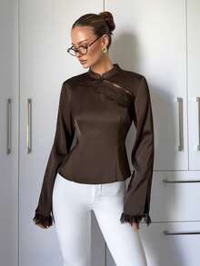 Siren Gaze Kemeja Kancing Patchwork Renda Satin Elegan untuk Wanita - Chocolate Brown - View 6