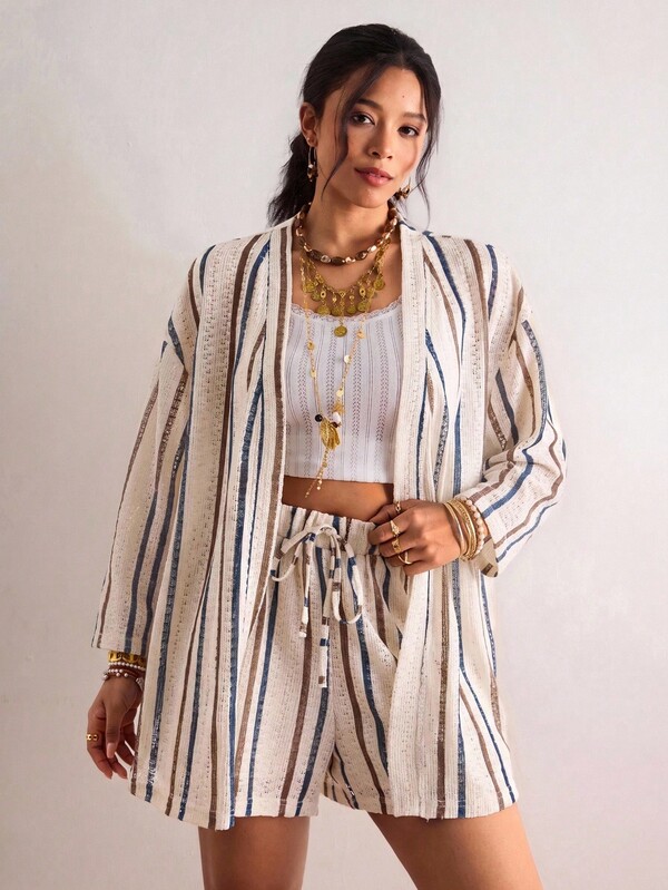 Freevana Women's Plus Size Khaki Striped Long Sleeve Cardigan Shirt & Shorts 2-Piece Set, Casual Daily Outfit, Textured, Summer&Early Autumn Women's Clothing
