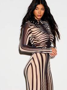 KIZN Zebra Print Placement Long Sleeve High Neck Bodycon Maxi Dress Party Evening Floor Length - Multicolor - View 5