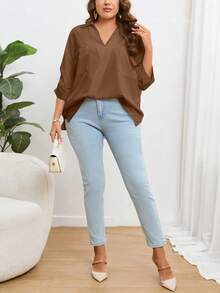 SHEIN Essnce 大碼補丁貼口袋抽褶袖襯衫 - 棕色 - 查看 3