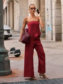 L'Amorae Summer Elegant Solid Color Asymmetrical Hem Bandeau Top, Fall, Autumn, Summer, Elegant, Party Outfits, Fashionable Tops, Chic Women's Shirt, Christmas - Burgundy - View 2