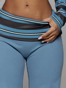 Musera Sport Contrast Colour Stripe Foldover Waist Fitted Flare Yoga Style Active Legging Workout Gym Cute Pilates Fitness Daily - Blue - View 5