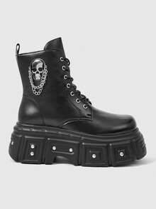 Sugerpunk Women Heeled Sandals Platform Punk Boots Skull Rivet Chain Dark Pu Platform Locomotive Booties Fall Shoes - Black - View 1