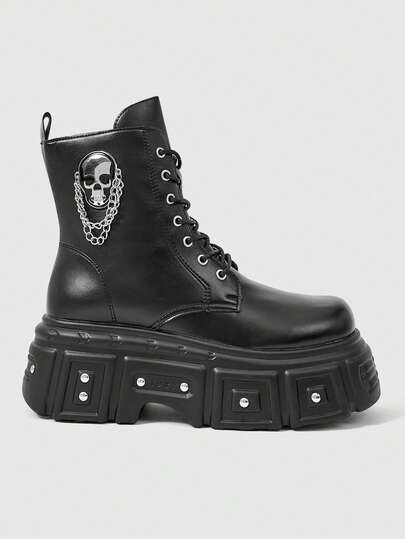 Sugerpunk Women Heeled Sandals Platform Punk Boots Skull Rivet Chain Dark Pu Platform Locomotive Booties