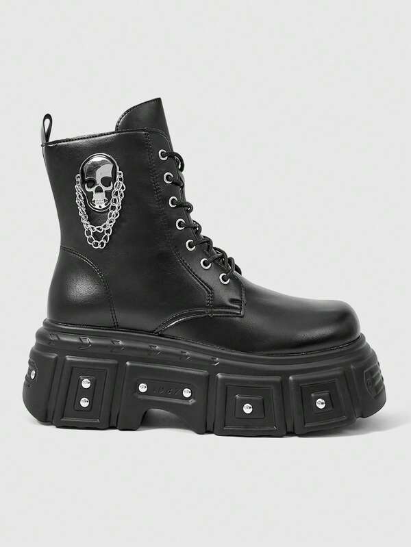 Sugerpunk Women Heeled Sandals Platform Punk Boots Skull Rivet Chain Dark Pu Platform Locomotive Booties