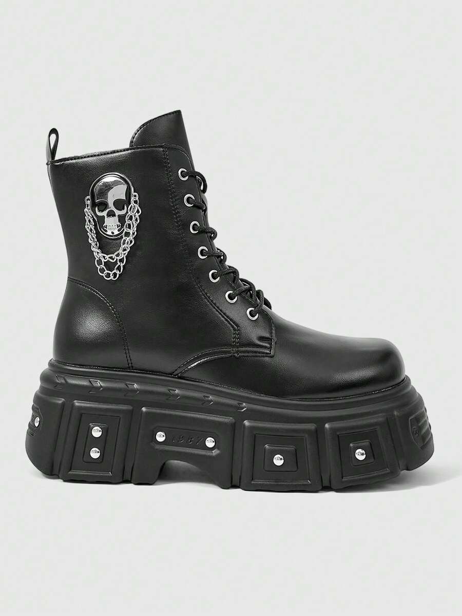 Sugerpunk Women Heeled Sandals Platform Punk Boots Skull Rivet Chain Dark Pu Platform Locomotive Booties Fall Shoes - Black - View 1