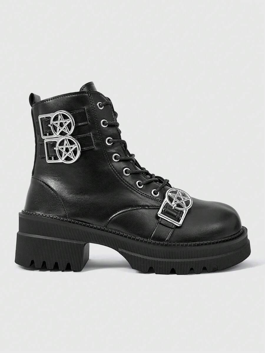 ROMWE Grunge Punk 女款 Diablo 龐克哥德風綁帶蝙蝠機車靴,厚底增高騎行靴,金屬鏈條過膝靴,踝靴 - 皮帶扣黑色 - 查看 1