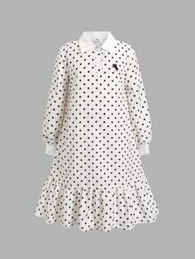 SHEIN Tween女孩對比白POLO領黑白波點Logo印花長袖寬鬆A字洋裝 優雅學院風 - 黑與白 - 查看 9
