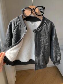 SHEIN Abyboy 嬰兒女童灰色秋冬可愛百搭極簡純色紋理布料夾克外套，適合秋冬穿著 - 藏蓝色 - 查看 7