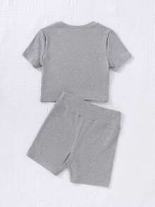 SHEIN Tween Girls' Elegant Knitted Solid Color Short Sleeve Top And Shorts Set, Spring/Summer - Grey - View 5
