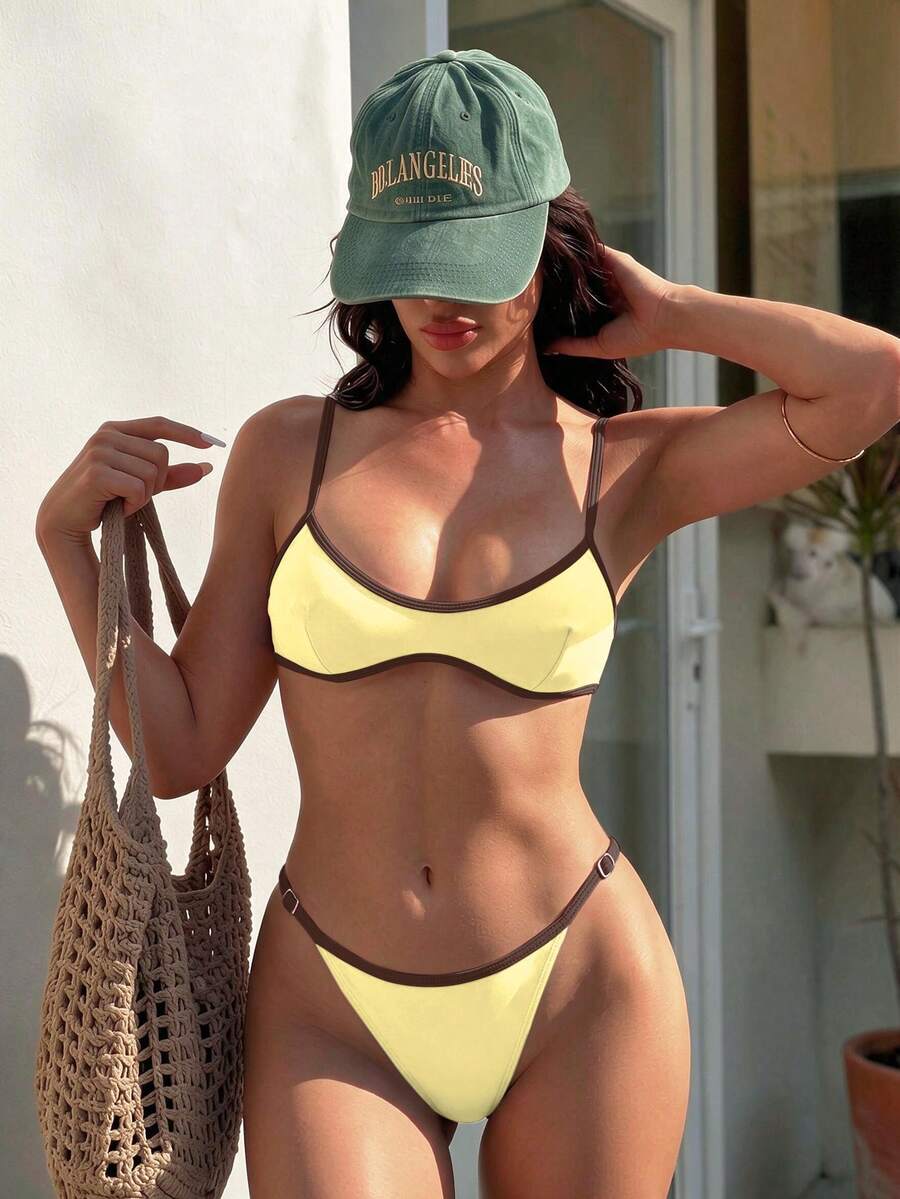 SHEIN Swim 女款比基尼泳衣 性感純色拼接比基尼，內建胸墊短版背心式泳衣，適合度假、海灘穿搭、Y2K、健身套裝，情人節新年派對度假穿搭，城市到海灘波希米亞風 SS26 春夏海灘裝 - 鵝黃色 - 查看 1