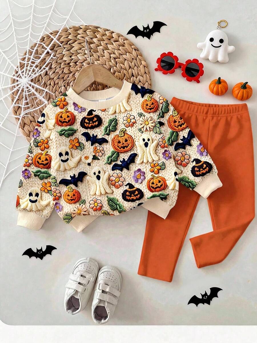 Halloween, Baby Girl Casual Simple Cute Textured Halloween Ghost, Pumpkin, Bat Pattern, Pumpkin Color, Loose Round Neck Sweatshirt Elastic Waist Long Pants Set Suitable For Autumn/Winter Looks Of Party, Fall, Winter, Kawaii, - Multicolor - View 1