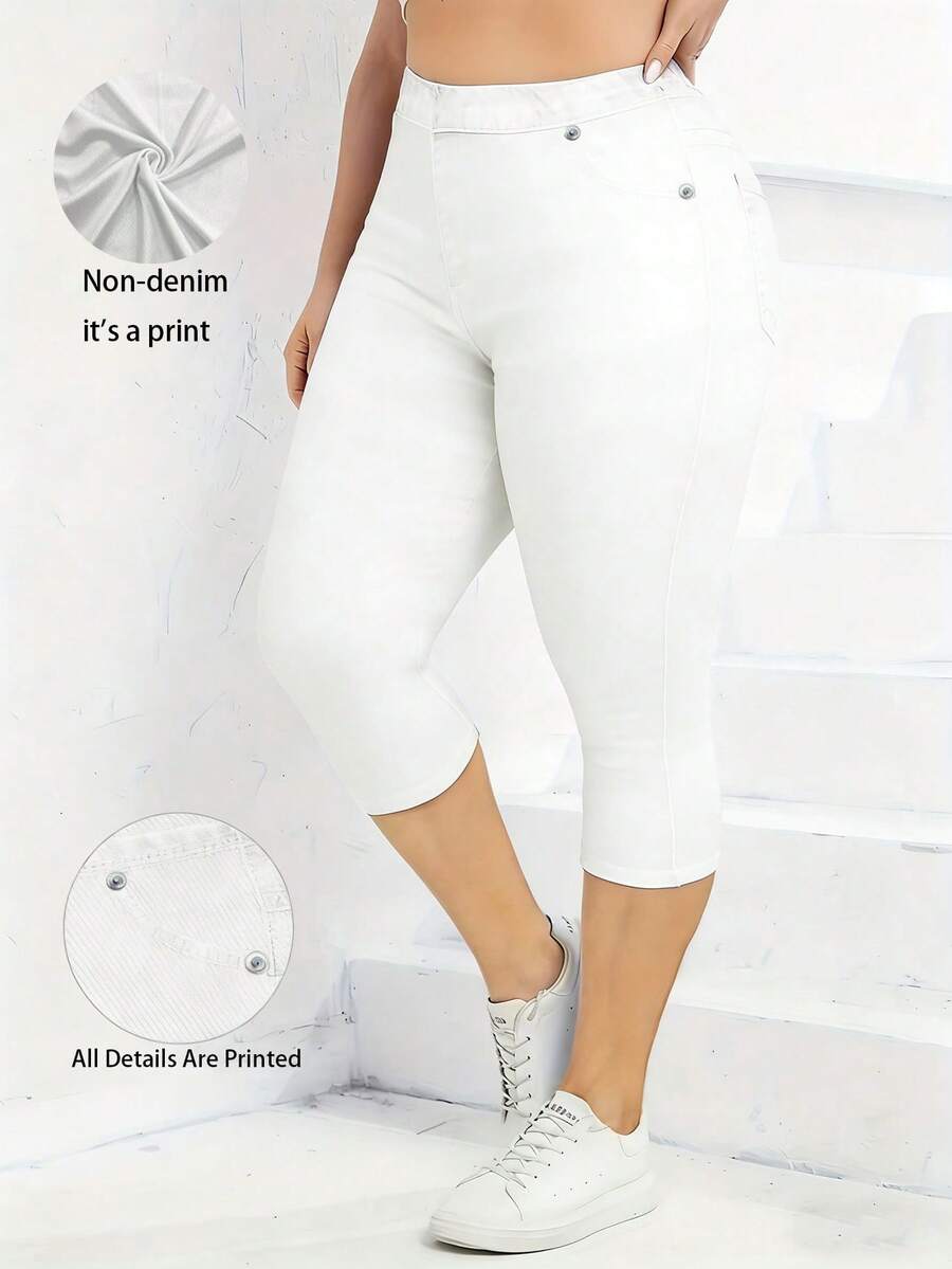 EMERY ROSE Celana Legging Capri Skinny Efek Denim Ukuran Besar untuk Wanita, Warna Putih, Cocok untuk Liburan Musim Panas, Gaya Kasual Elegan - Putih - View 1