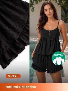 LUVLETTE Summer Sweet Women's Black Elegant Airy Two-Piece Set - Double-Layered Ruffles & Button Front Breezy Refined Home Wear - Black - View 1